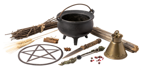 Mystical witchcraft setup with cauldron and casting tools laid out on a rustic wooden surface under evening light Generative AI