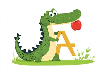 adorable alligator holding apple, letter A large and bold, white background, flat vector, kids educational card