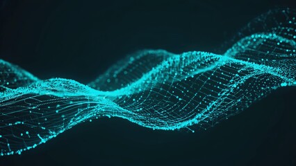 Flowing digital wave composed of glowing blue particles and grid lines on a dark background, illustrating data streams, technology, virtual environments, and futuristic 3D digital landscapes network.