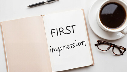 Open notebook with the words "First Impression" next to coffee and glasses  
