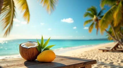 beach scene open coconut and mango on wooden table