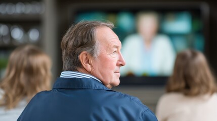Obraz premium A senior man sits comfortably while watching television, absorbed in a memorable moment. The relaxed atmosphere captures the essence of leisure time at home.