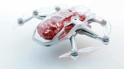 Futuristic drone with a raw meat core, hovering against a white background