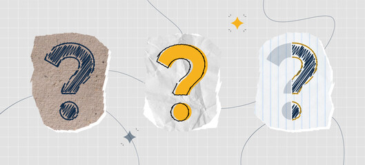 Set of question mark drawn by chalk on blackboard, rapped paper, note paper. Problem analysis and find solution to curiosity. Retro contemporary vector art illustration.