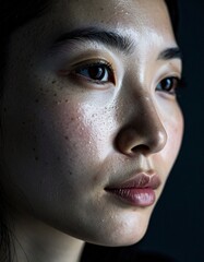 Close-up portrait of a woman's face. Realistic skin texture, natural lighting, sharpness, detailed eyes, natural skin imperfections.