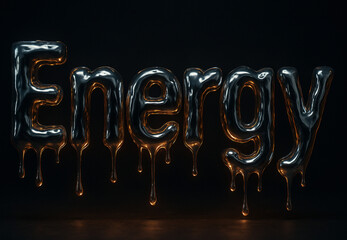 Dripping metallic "Energy" text with glowing orange highlights on a dark background, creating a bold and futuristic design concept.