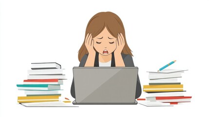 Stressed Student Working at Laptop with Piles of Books