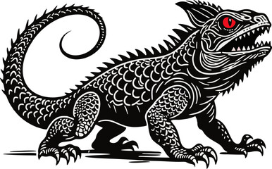 Sinister Lizard with Red Eyes – Stylized Reptile Illustration in Black and White