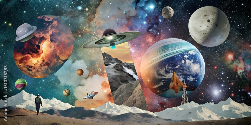 Poster collage exploring the cosmic wonders through the lens of artificial intelligence, where planets and 