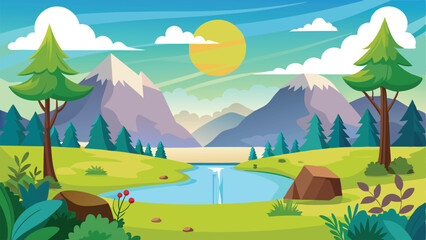 Obraz premium Cartoon Landscape with Mountains, Trees, Lake, Sun, and Clouds, Nature Illustration