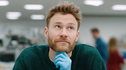 A thoughtful scientist in a lab setting, wearing gloves, pondering an experiment while surrounded by equipment and colleagues. The image captures curiosity and innovation.