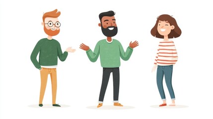 Obraz premium A vibrant illustration of three diverse friends engaging in conversation, showcasing a warm and friendly atmosphere filled with laughter and connection.