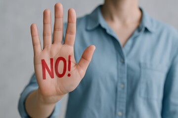 Hand Expressing Strong Disagreement with Red "NO!", Representing Rejection, Resistance, or Refusal to Accept Something.