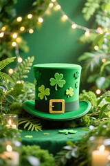 St patrick's day green hat with shamrocks, gold buckle, surrounded by moss, ferns, candles, and bokeh lights on a green background