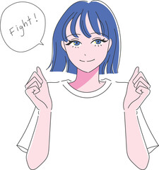 ガッツポーズで応援する女の子のバストアップの手描きイラスト