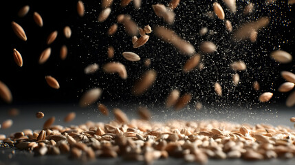 Harvested Grain in Descent: Dynamic still life captures the ethereal moment as grains gracefully descend, their textures and forms taking center stage against a stark, dark background. 