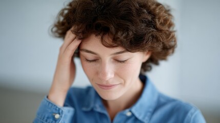 A woman with curly hair appears deep in thought, showcasing a moment of reflection or concern. Her expression reveals a mixture of introspection and calmness.