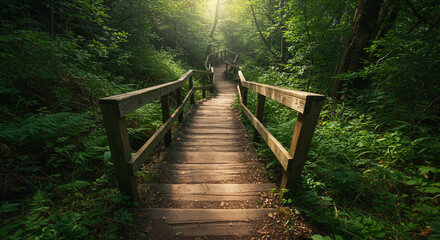 Obraz premium A wooden staircase leads upward through a lush green forest with sunlight filtering through the trees