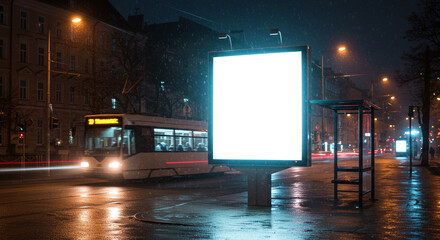 A blank billboard stands illuminated at night next to a bus stop on a wet city street with a passing tram