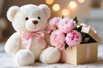 Adorable teddy bear with pink bow and peonies bouquet in a gift box, perfect for a special occasion or a heartfelt gesture of love and affection