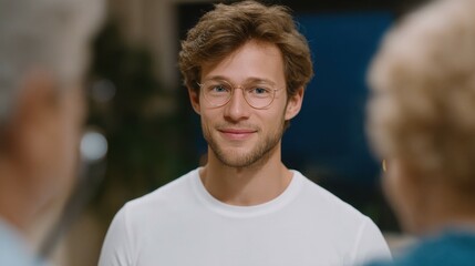 A young man wearing glasses smiles warmly while engaging in conversation, reflecting a moment of connection and joy with family or friends in a casual setting.