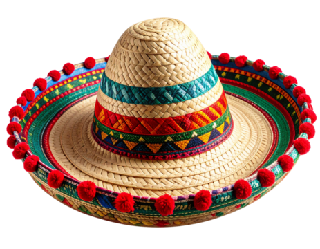 Colorful Mexican Sombrero Hat Tilted at an Angle, with Festive Pom-Pom Border, isolated on a transparent background