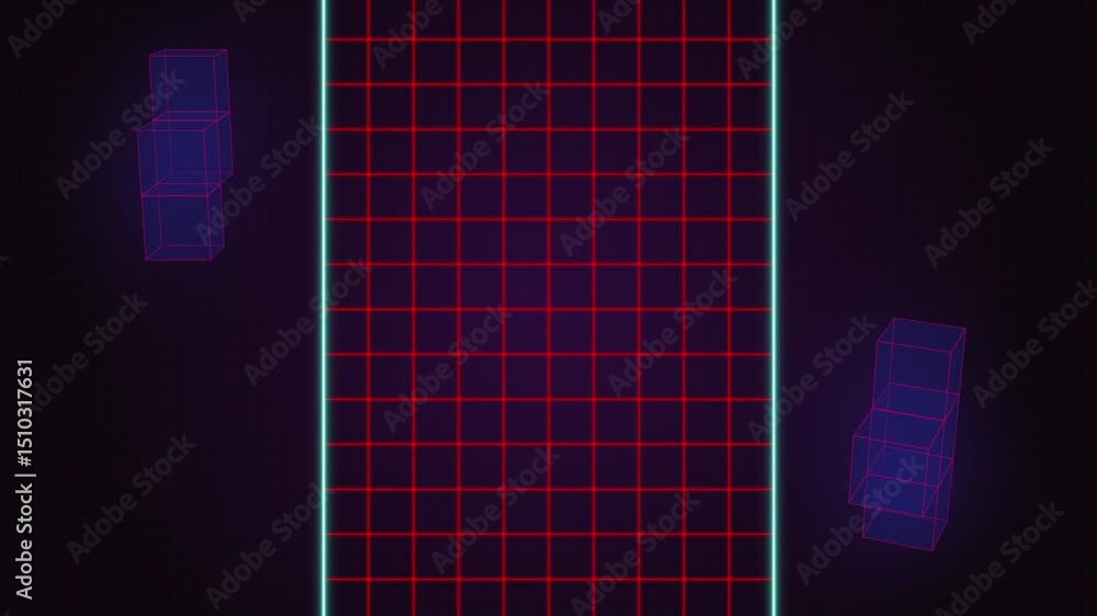 Poster abstract neon grid with floating cubes in a futuristic digital space