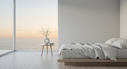 Minimalist bedroom interior with ocean view at sunrise