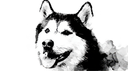 Abstract drawing of a black and white husky dog portrait on a transparent background, png, transparent