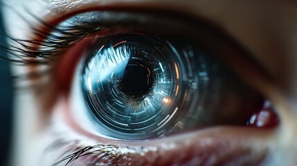 Close-up of futuristic cybernetic eye with glowing digital interface