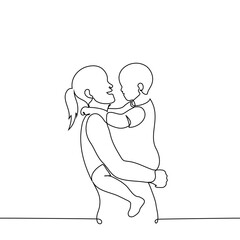 mother and son in her arms smiling at each other, mother and child hug - one line art vector. mother's day, family connection, children's day, successful single mother