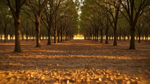 Walking Through Orchard Row with Fallen Leaves in Golden Hour Light