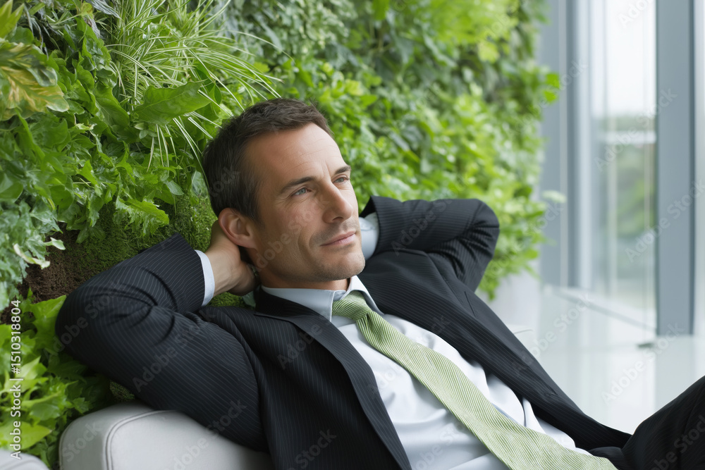 Poster a man in a suit is relaxing on a couch with a green tie. he is in a good mood and enjoying his time
