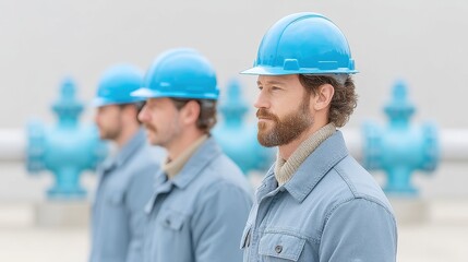 Three professionals in matching blue safety attire and helmets stand in a line, exhibiting teamwork and focus in an industrial setting