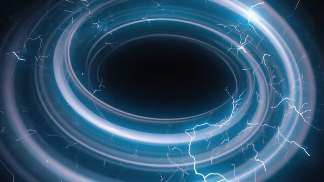 Fototapeta Glowing circular energy ring with electric sparks and radiant blue light spinning on a dark background, representing futuristic technology, energy portal, or digital sci-fi visual effects design.