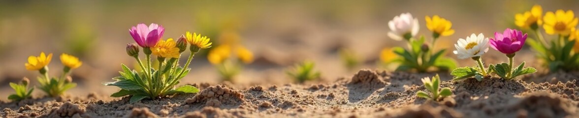 Fragile wildflowers bravely blooming on a parched, cracked earth background A poignant image representing resilience and the delicate balance of nature , delicate, ground