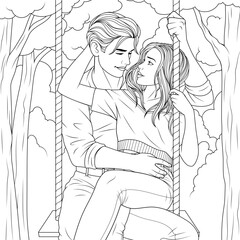 Vector illustration, couple in love swinging on a swing