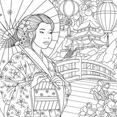 Vector illustration, asian woman in traditional dress