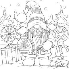 Vector illustration, new year funny gnome with gifts