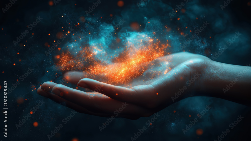 Poster cloud computing technology represented by magic particles on the palms, blending digital and mystica