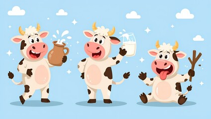 Naklejka premium Cows celebrating joyfully with milk, pottery, and playfulness in a sunny blue sky, inviting smiles and cheerfulness to the farm scene Generative AI