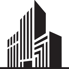 A black and white illustration of an abstract building silhouette art