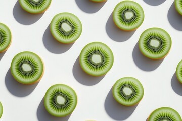 Fototapeta premium Freshly sliced kiwifruit arranged symmetrically on a clean surface, showcasing vibrant colors