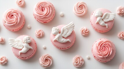 Delicate pink cupcakes adorned with white angel figurines and swirling frosting, creating a whimsical and festive dessert display.