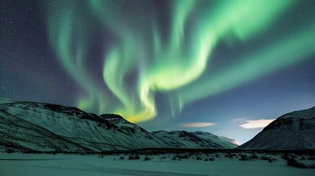 The dramatic northern lights dance above the snow-capped mountain peaks, with shades of green, yellow and purple creating a stunning light show.