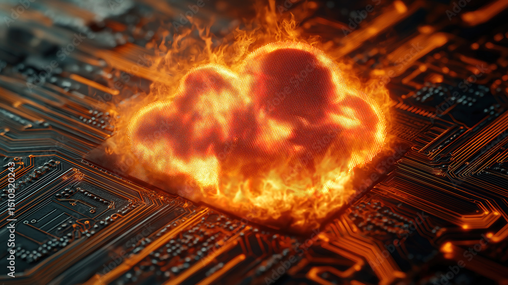 Poster fiery cloud symbol on circuit board representing the power and intensity of cloud computing technolo