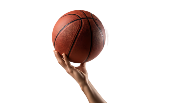 Hand holding basketball upright, isolated on transparent background