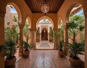 Traditional Moroccan Riad with Courtyard and Fountain. Ideal for themes of travel, architecture, culture, and interior design