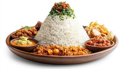 A vibrant Indonesian rice dish, piled high, with various side dishes arranged around