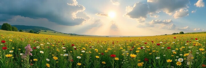 Fototapeta premium A sweeping vista of a vast, sprawling meadow bursting with wildflowers under a dramatic sky The scene showcases the immense scale and vibrant beauty of untouched nature , beauty, yellow